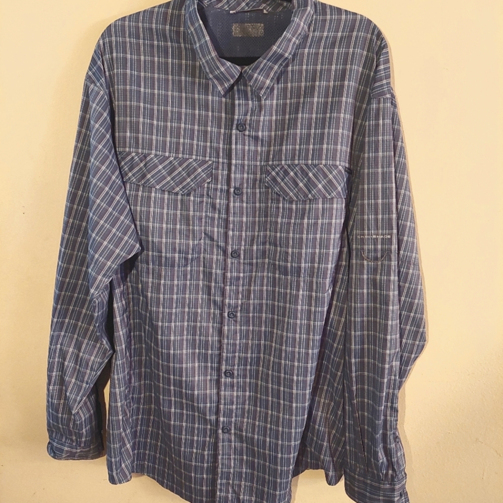 Columbia Omni Shade blue plaid back vent long sleeve outdoor camp shirt. XXL